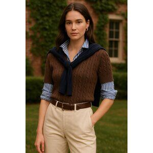 Jeanne Pierre Short-Sleeve Cable Knit Sweater – Size L – 100% Cotton Brown